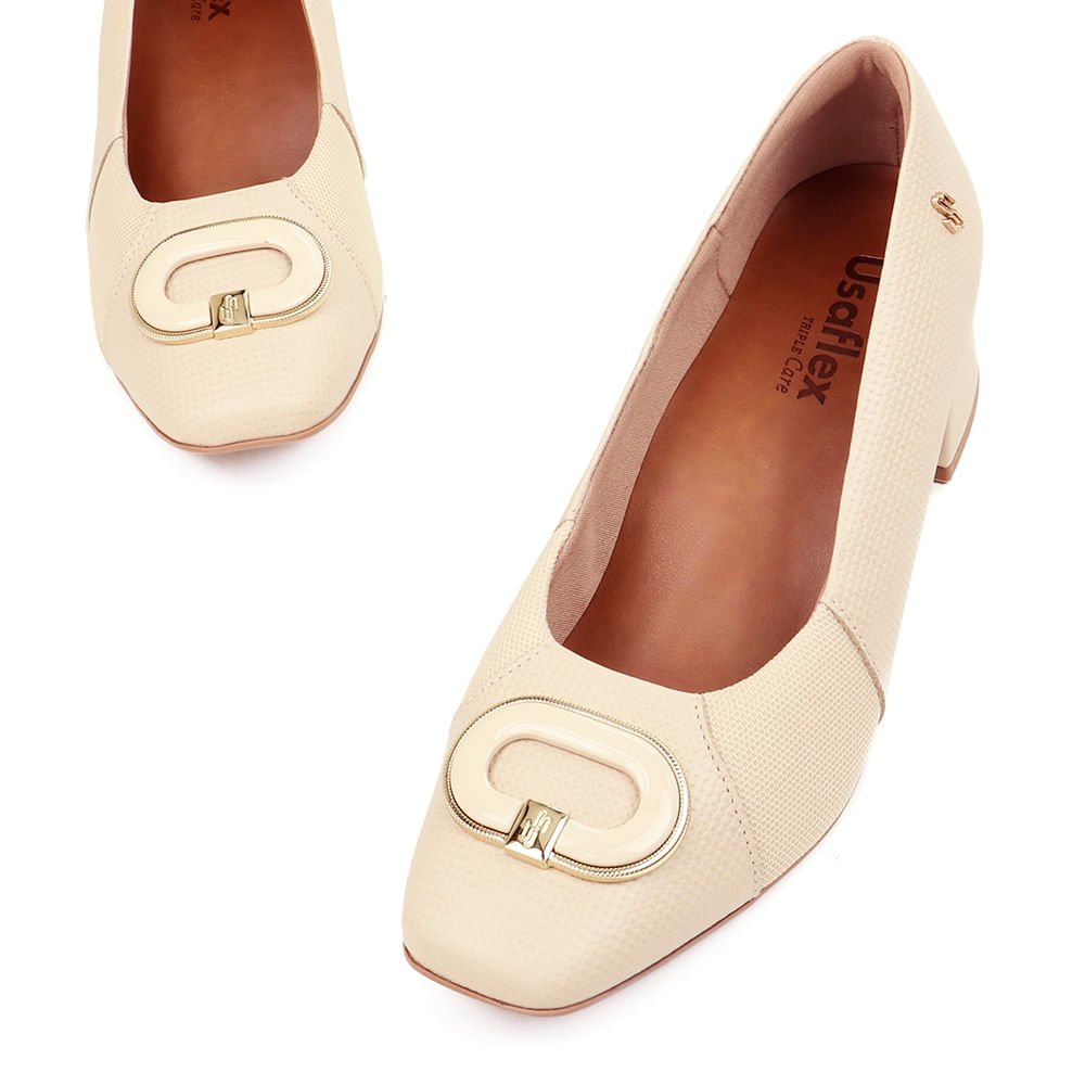 Scarpin Bege Salto Bloco Couro Tressê Monograma Bege 4