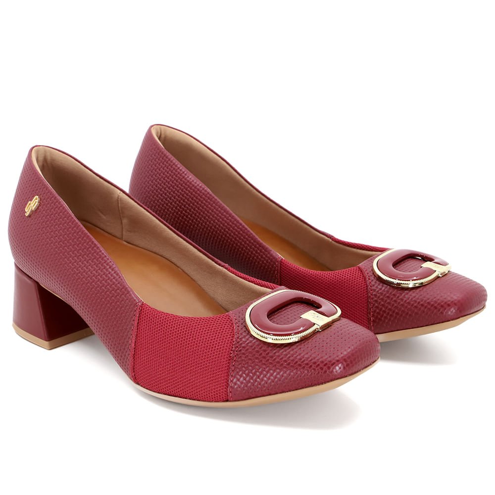 Scarpin Vermelho Salto Bloco Couro Tressê Monograma Bordô 2