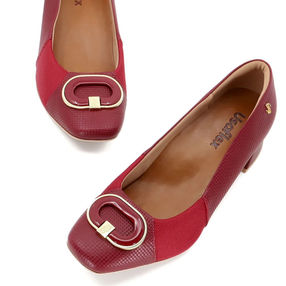 Scarpin Vermelho Salto Bloco Couro Tressê Monograma Bordô 4
