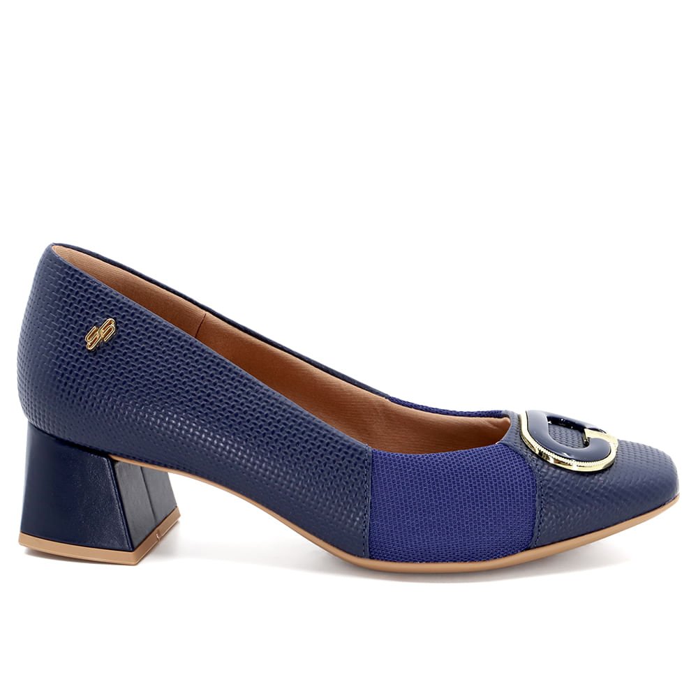 Scarpin Azul Salto Bloco Couro Tressê Monograma