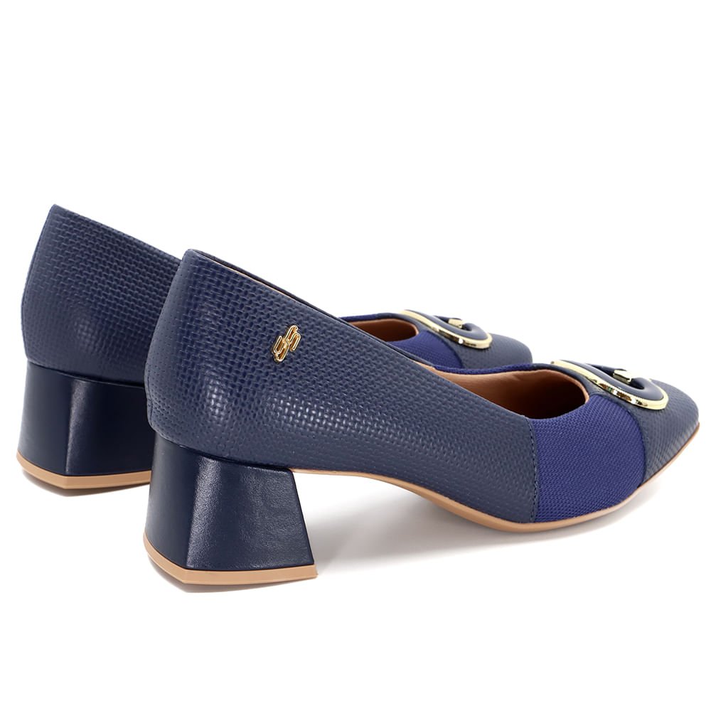 Scarpin Azul Salto Bloco Couro Tressê Monograma Azul 3