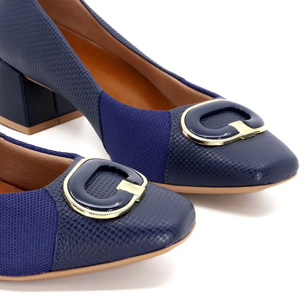 Scarpin Azul Salto Bloco Couro Tressê Monograma Azul 5