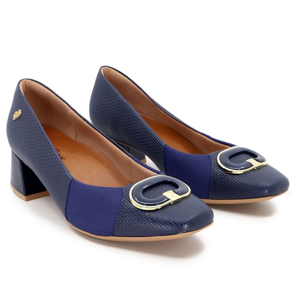 Scarpin Azul Salto Bloco Couro Tressê Monograma Azul 2