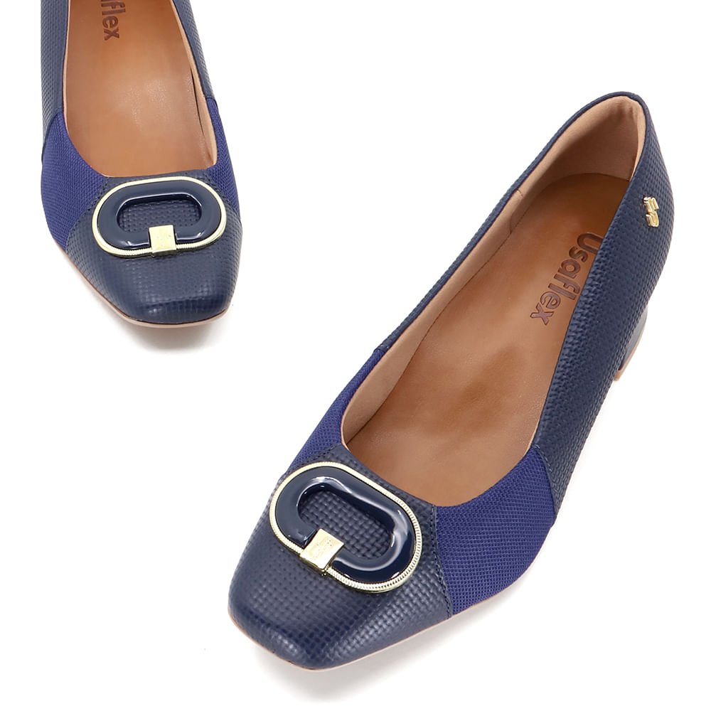Scarpin Azul Salto Bloco Couro Tressê Monograma Azul 4