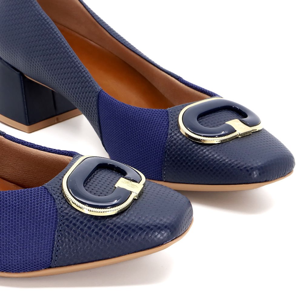 Scarpin Azul Salto Bloco Couro Tressê Monograma Azul 5