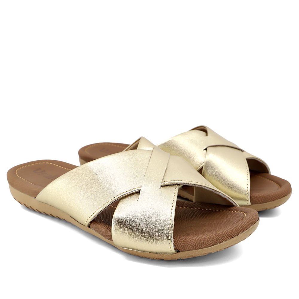 Chinelo Slide Metalizado Salto Plataforma Couro Taxturizado Dourado 2