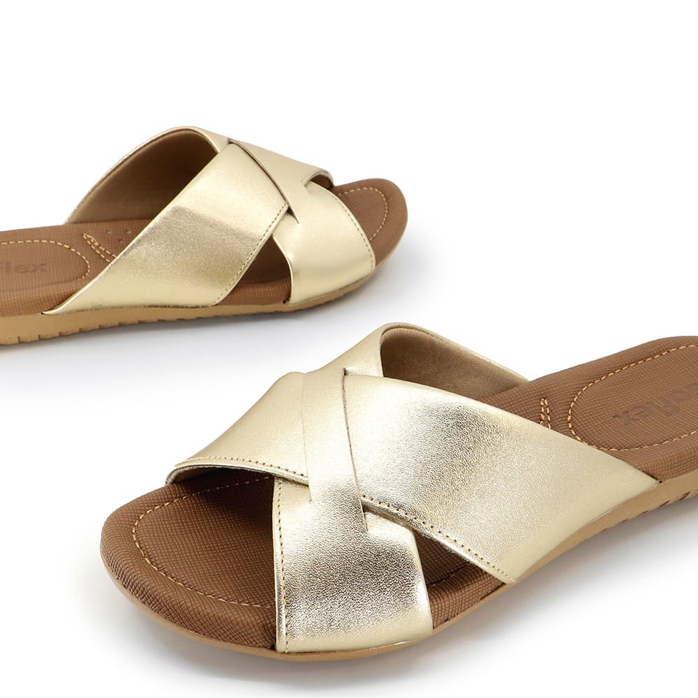 Chinelo Slide Metalizado Salto Plataforma Couro Taxturizado Dourado 4