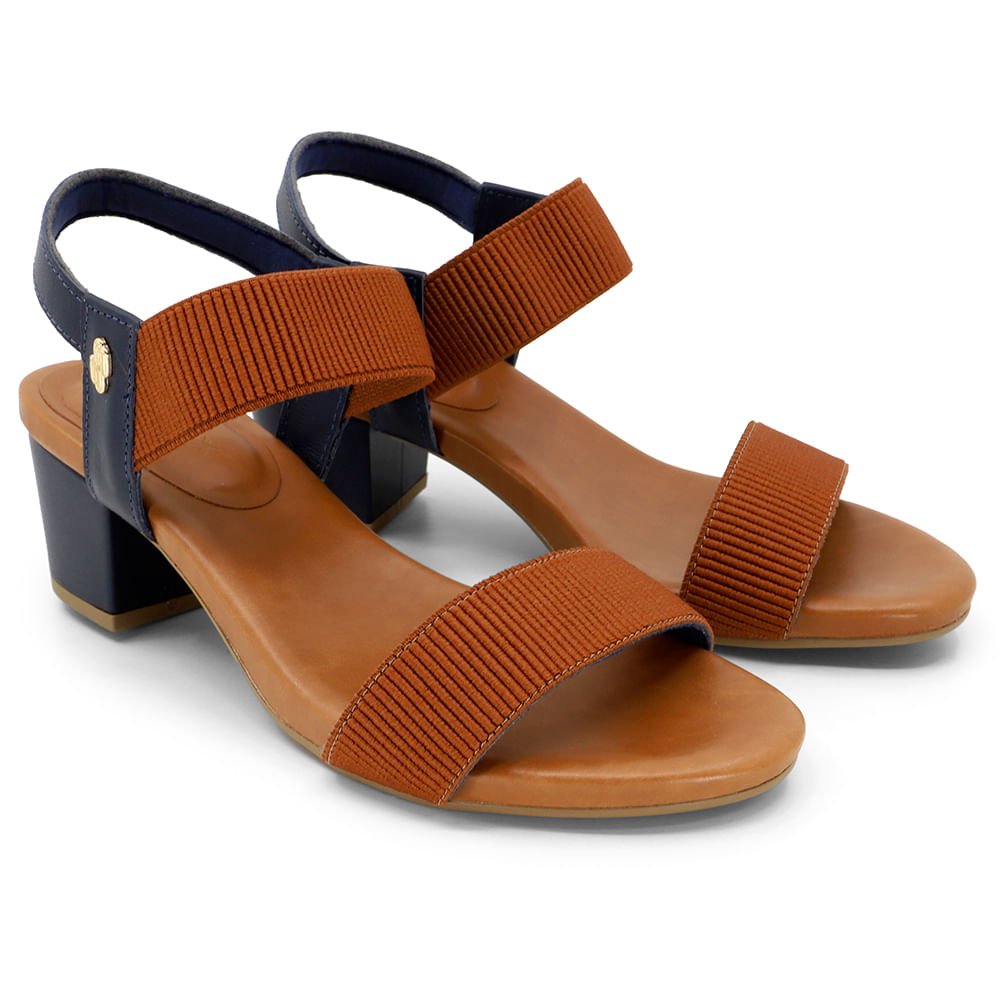 Sandália Salto Bloco Multimateriais Bicolor Azul Monograma Azul/Marrom 2