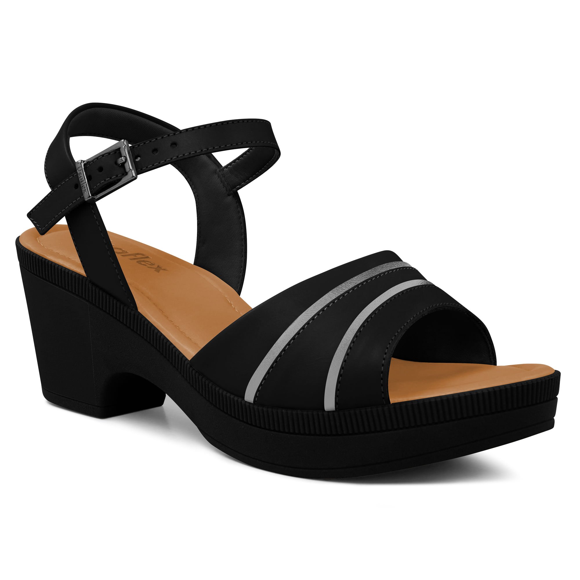 Sandália Plataforma Couro Bicolor Preto