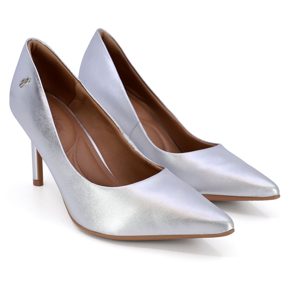 Scarpin Bico Fino Couro Metalizado Prata Prata 2