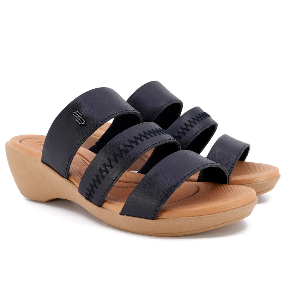 Tamanco Anabela Couro Preto Bordado Preto 2