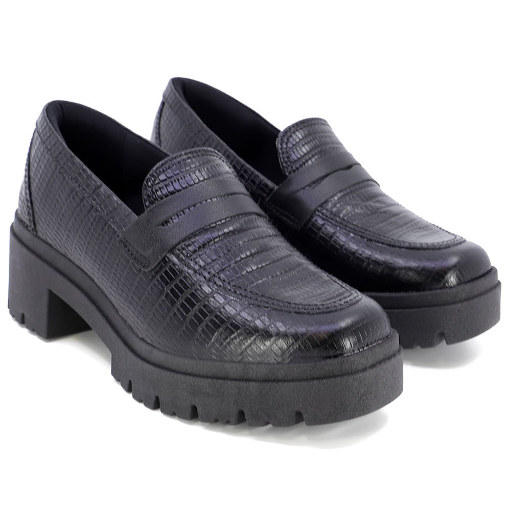 Loafer Preto Plataforma Couro Texturizado Preto 2