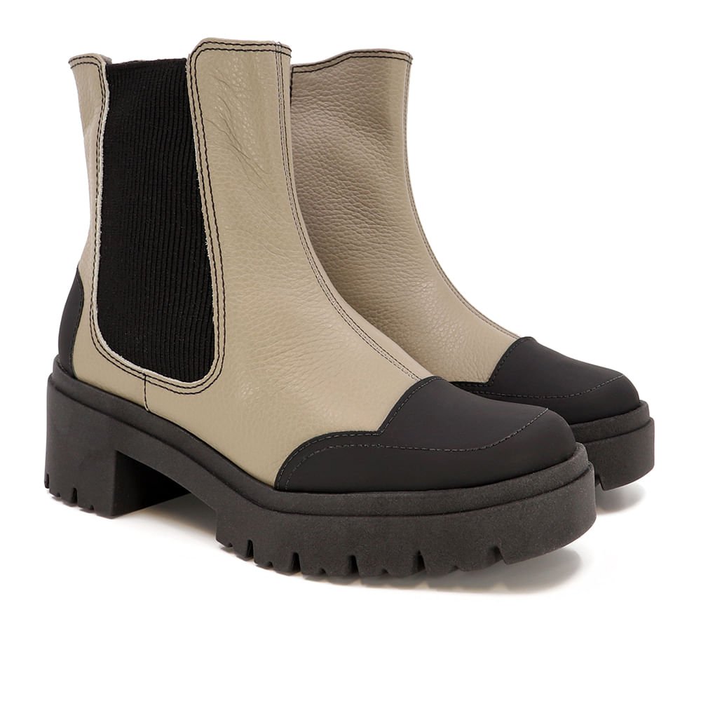 Bota Cinza Couro Salto Bloco Tratorado Elástico Bege 2