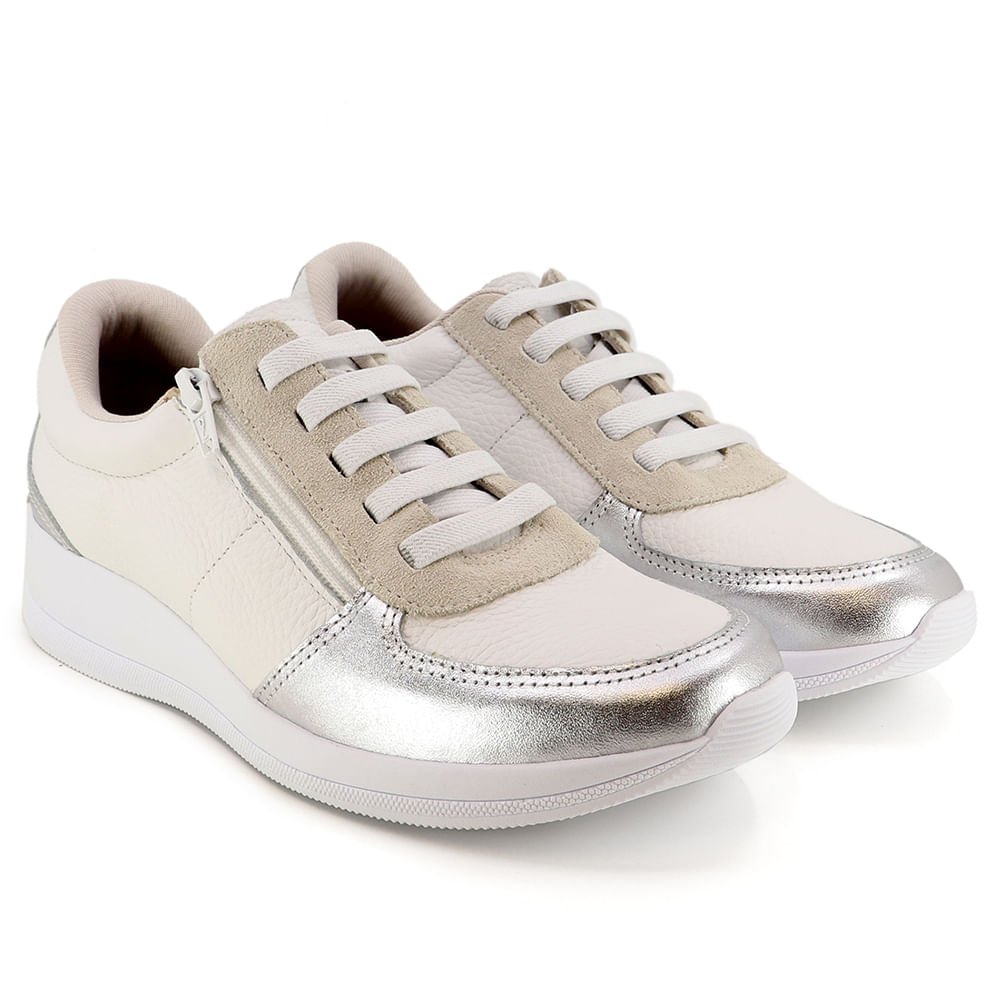 Tênis Casual Couro Branco Prata Zíper Branco 2