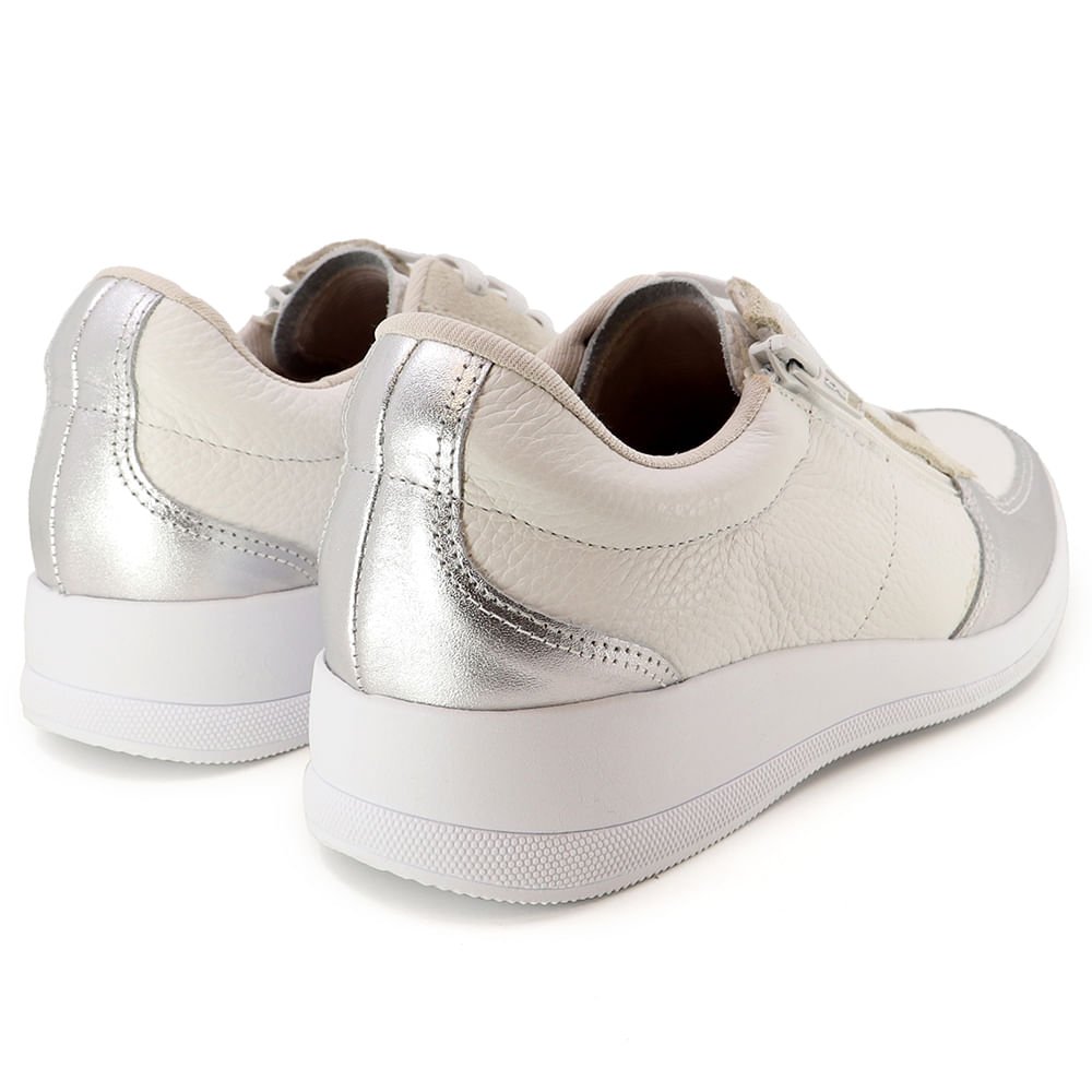 Tênis Casual Couro Branco Prata Zíper Branco 3