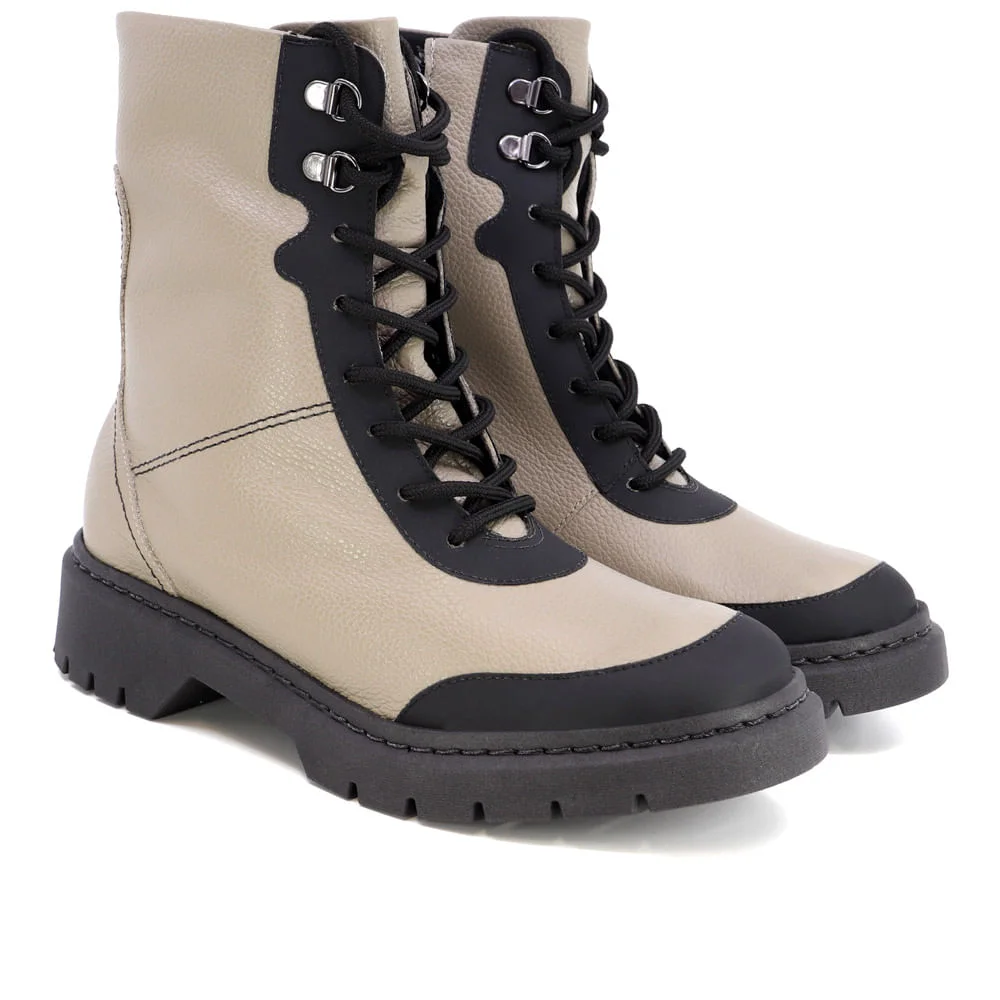 Bota Coturno Cinza Couro Bege 2