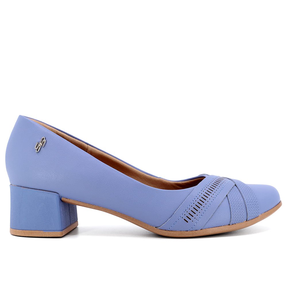 Scarpin Azul Retrô Salto Bloco Couro Tiras Detalhe Laser