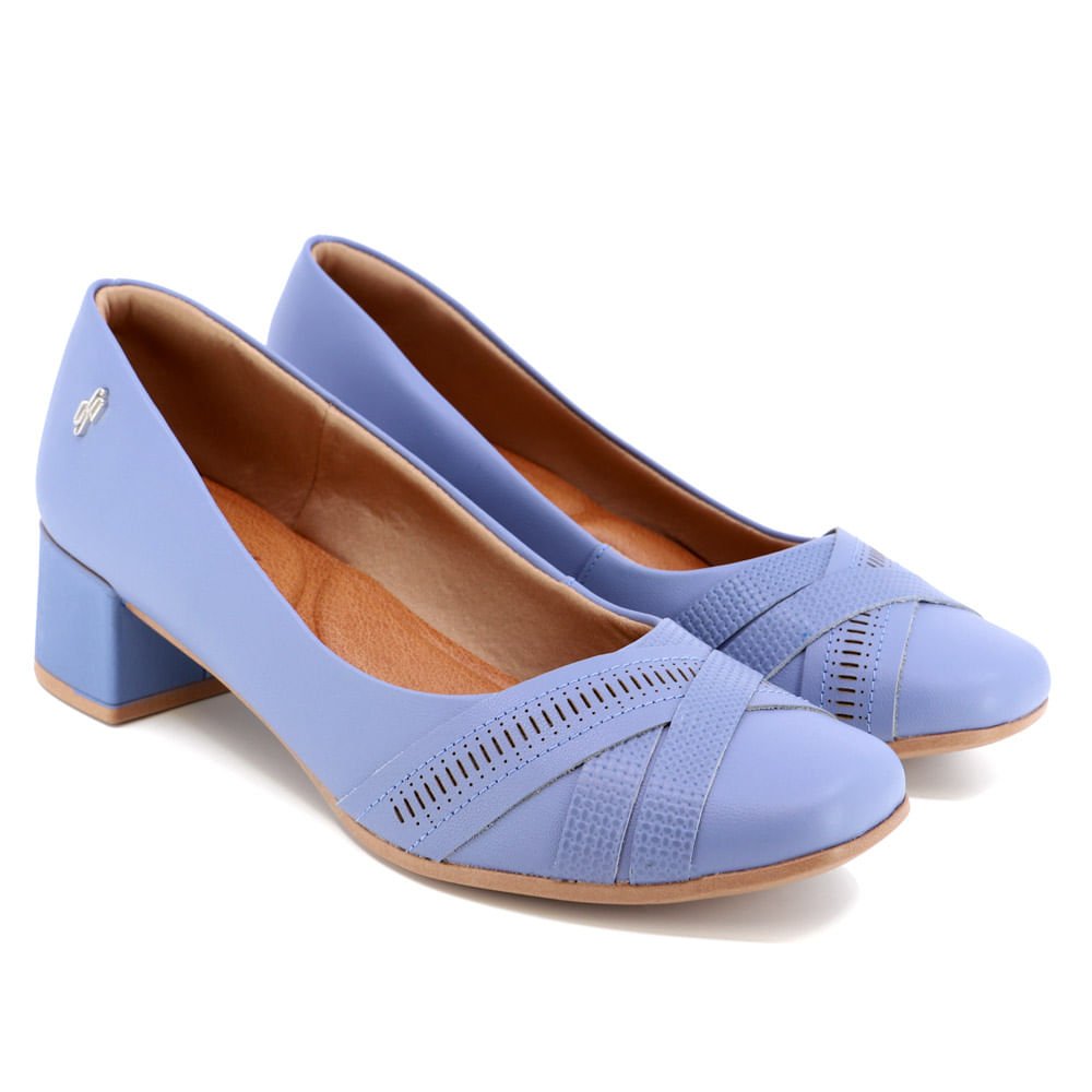 Scarpin Azul Retrô Salto Bloco Couro Tiras Detalhe Laser Azul 2