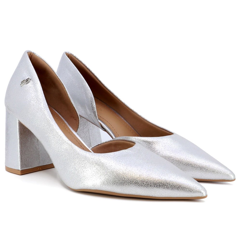 Scarpin Prata Salto Bloco Couro Recorte Interno Prata 2