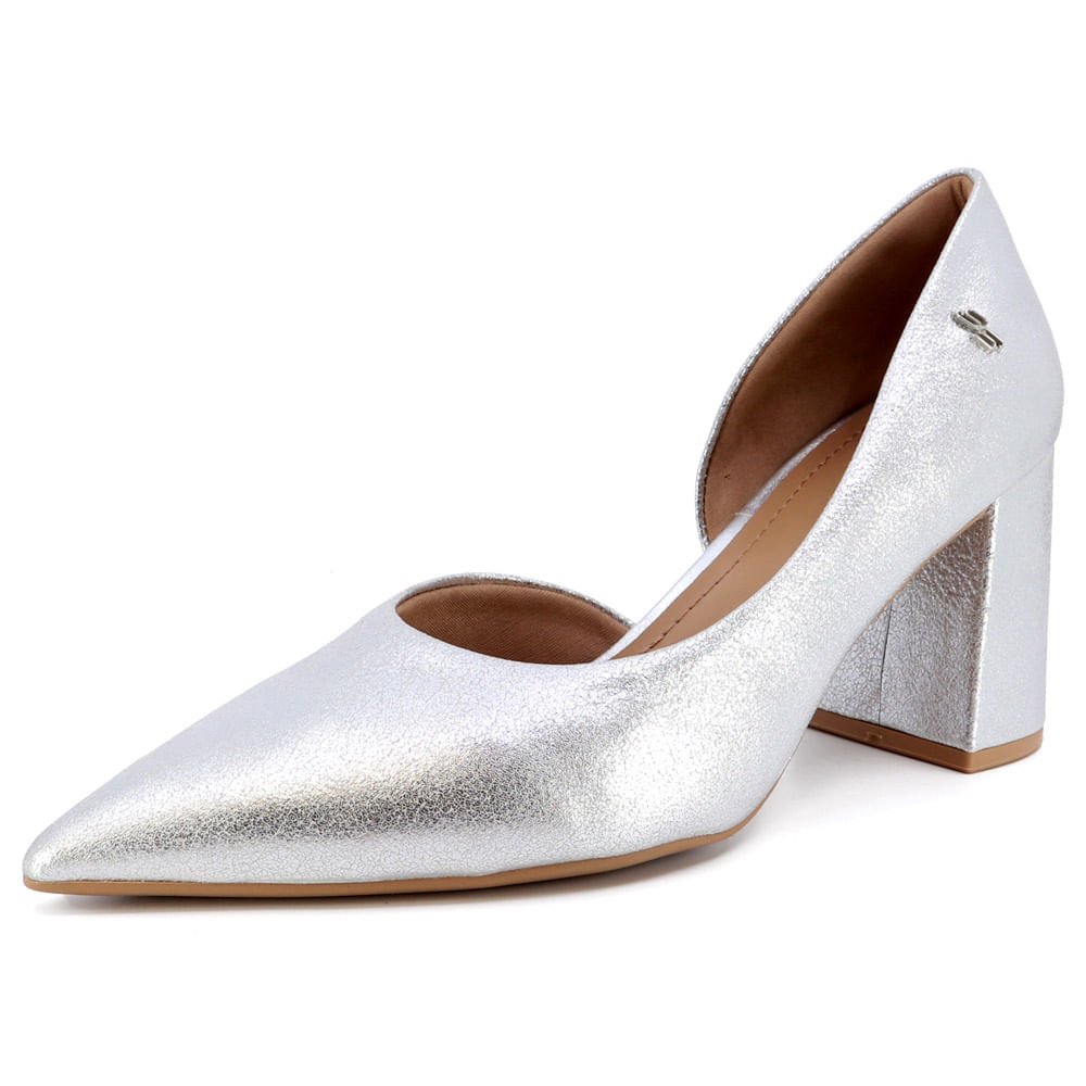 Scarpin Prata Salto Bloco Couro Recorte Interno Prata 4