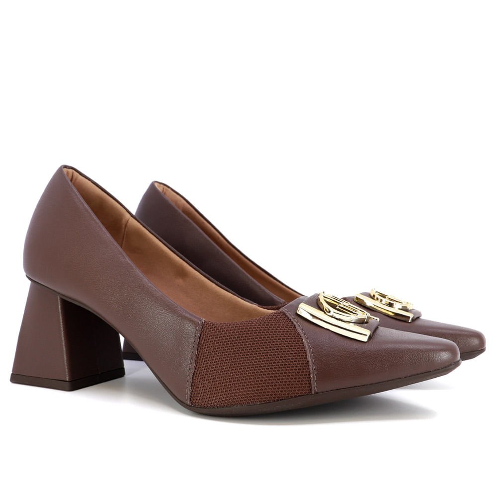 Scarpin Marrom Couro Detalhes Tecido Marrom 2