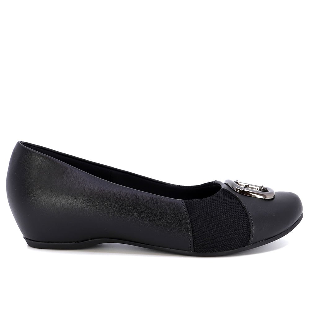 Sapatilha Salto Embutido Couro Preto Enfeite