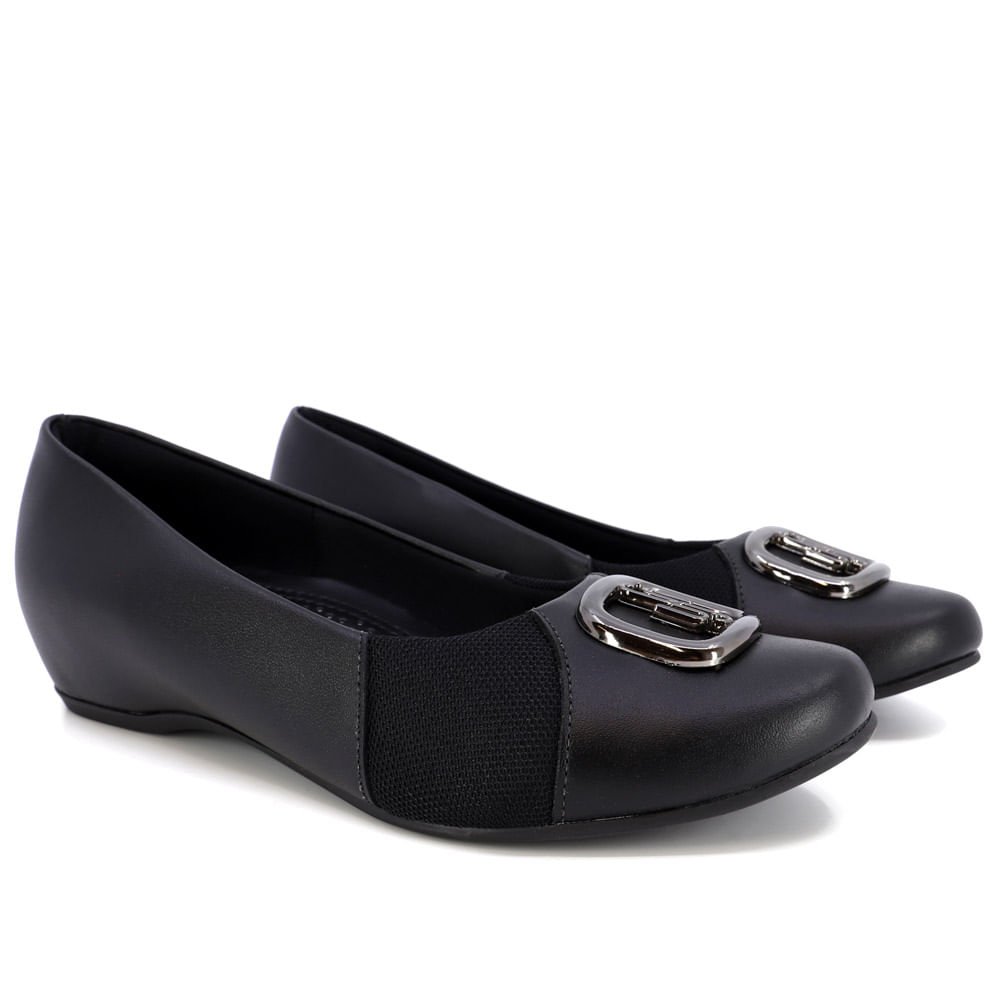 Sapatilha Salto Embutido Couro Preto Enfeite Preto 2