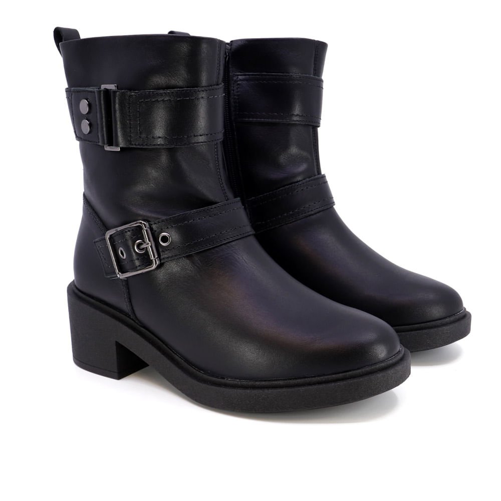 Bota Cano Médio Preta Couro Detalhe Fivela Preto 2