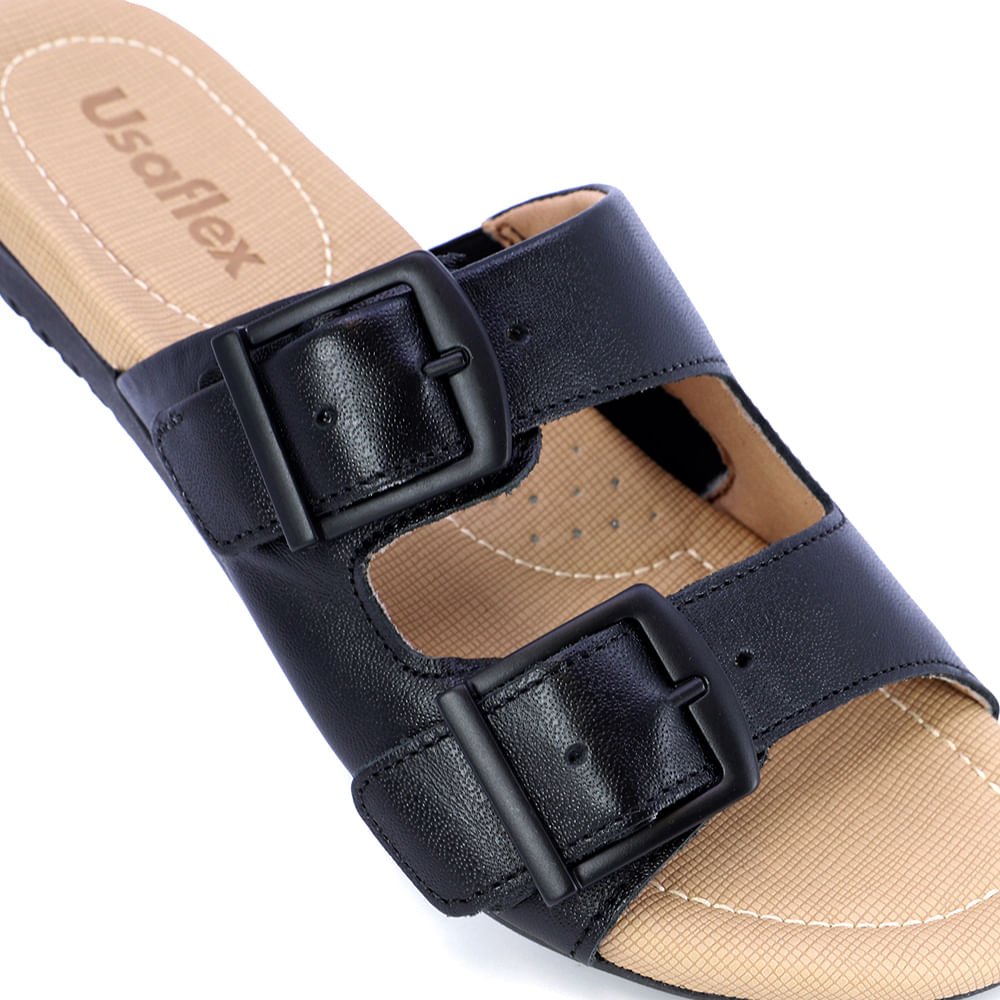 Tamanco Slide Preto Couro Detalhe Fivela Preto 4