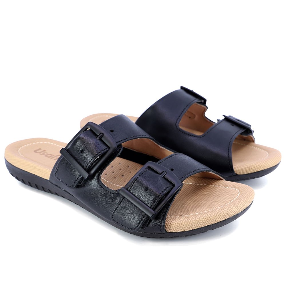 Tamanco Slide Preto Couro Detalhe Fivela Preto 2