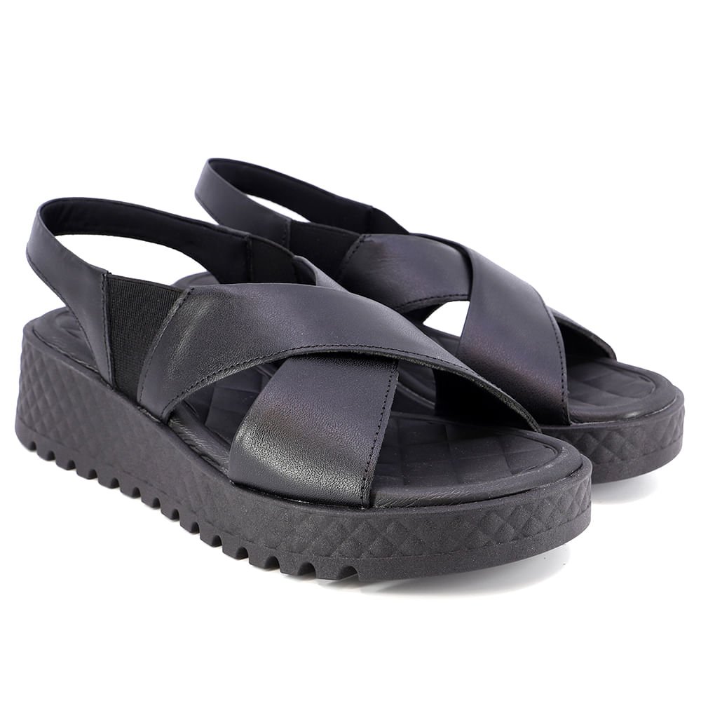 Sandália Plataforma Tratorada Couro Preta Preto 2