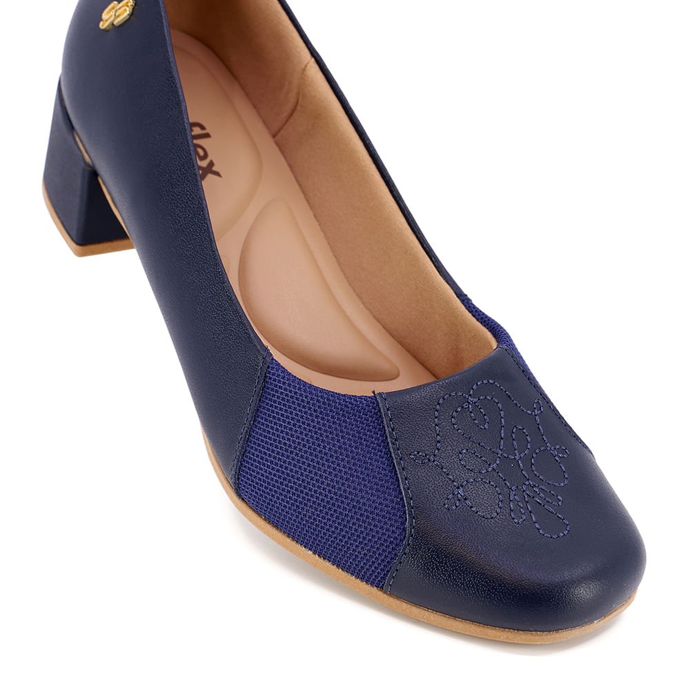 Scarpin Azul Salto Bloco Couro Bordado Azul 4
