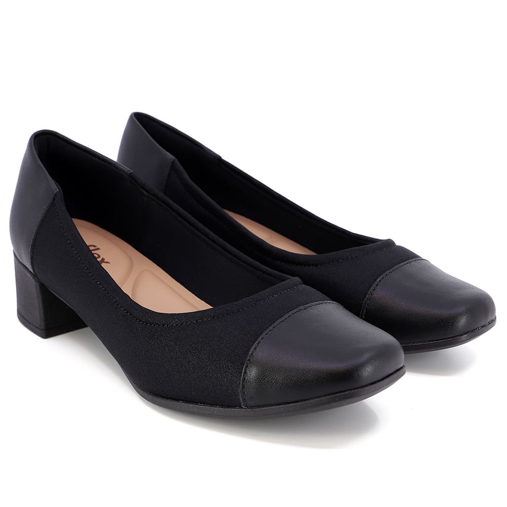 Scarpin Preto Salto Bloco Elastano Couro Preto 2