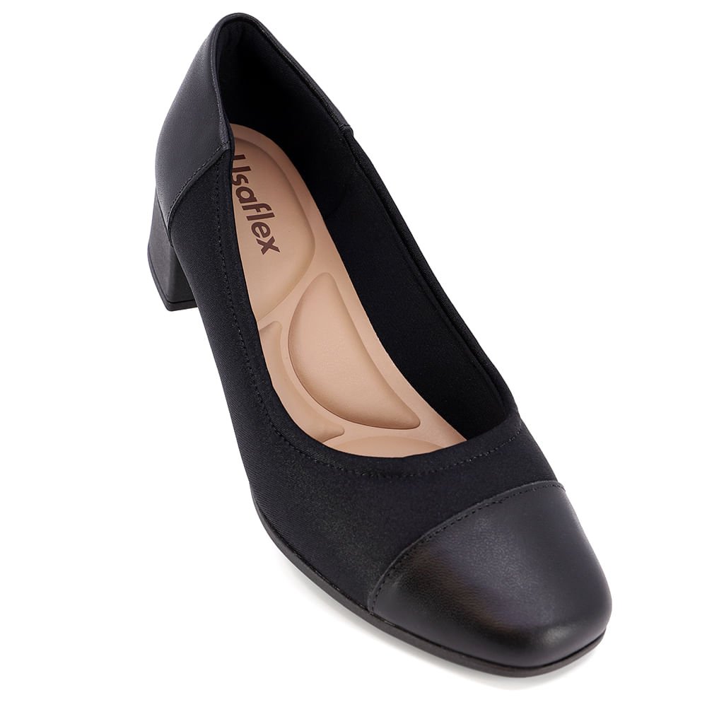 Scarpin Preto Salto Bloco Elastano Couro Preto 4
