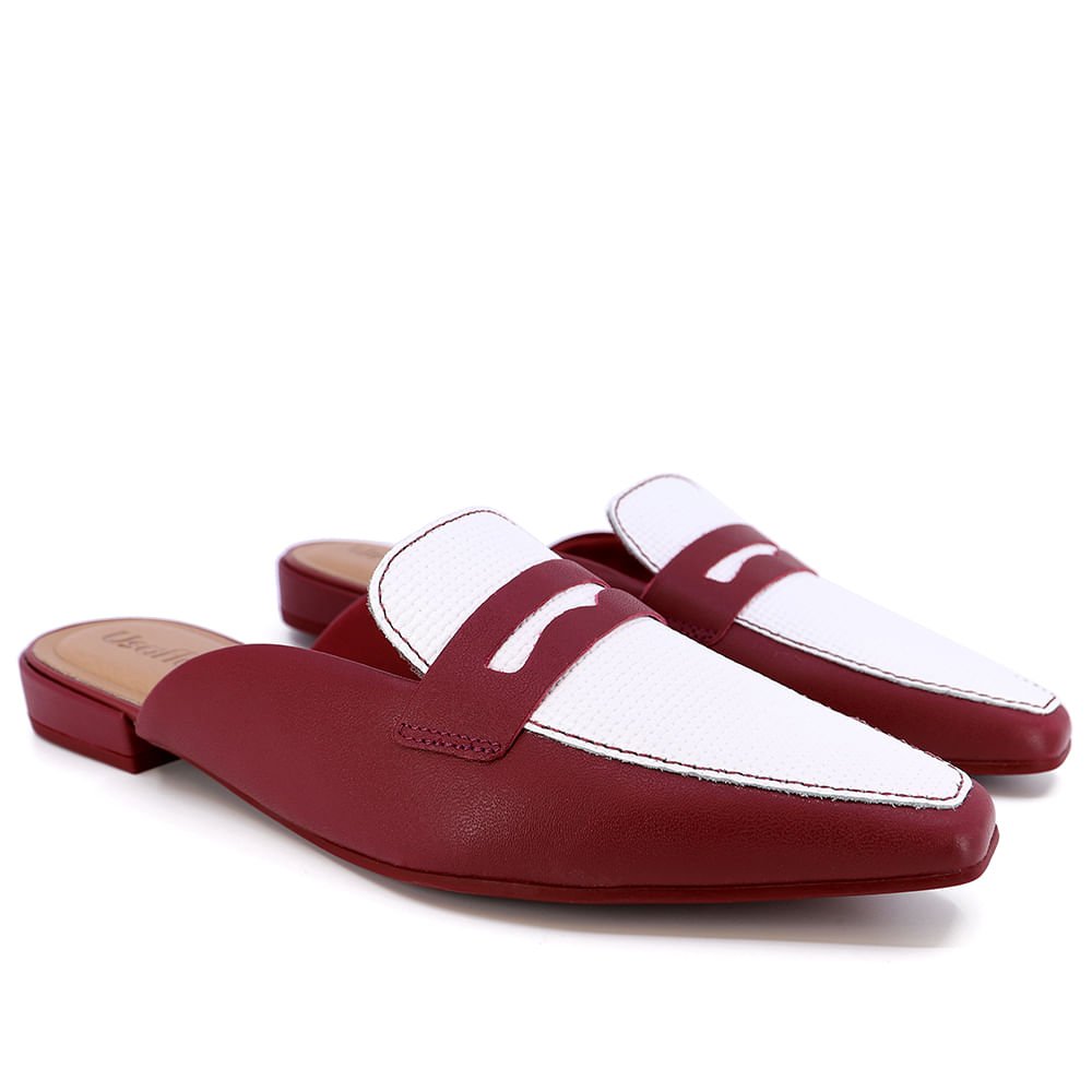 Mule Vermelho Branco Bico Fino Couro Vermelho 2