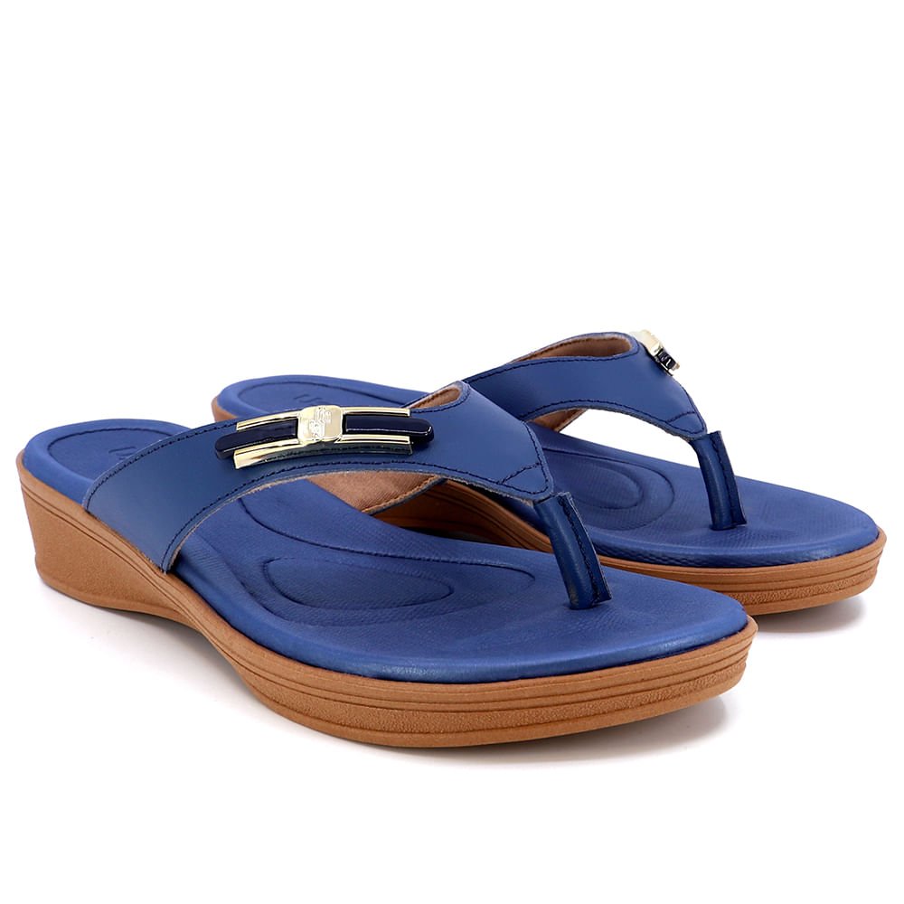 Chinelo Plataforma Couro Azul Detalhe Enfeite Azul 2