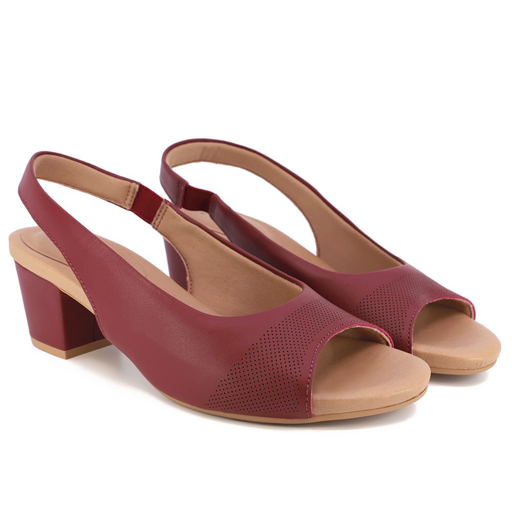 Slingback Vermelho Salto Bloco Couro Laser Bordô 2