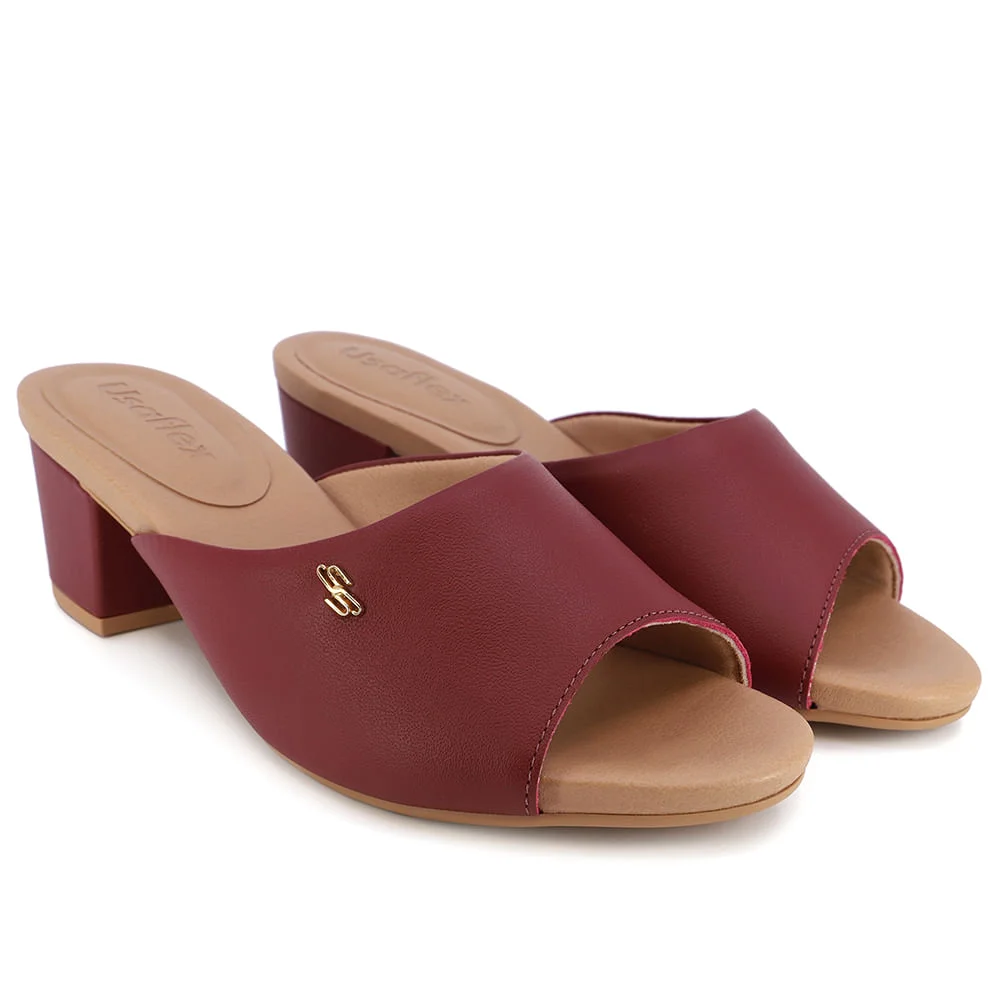 Tamanco Salto Bloco Couro Vermelho Básico Bordô 2