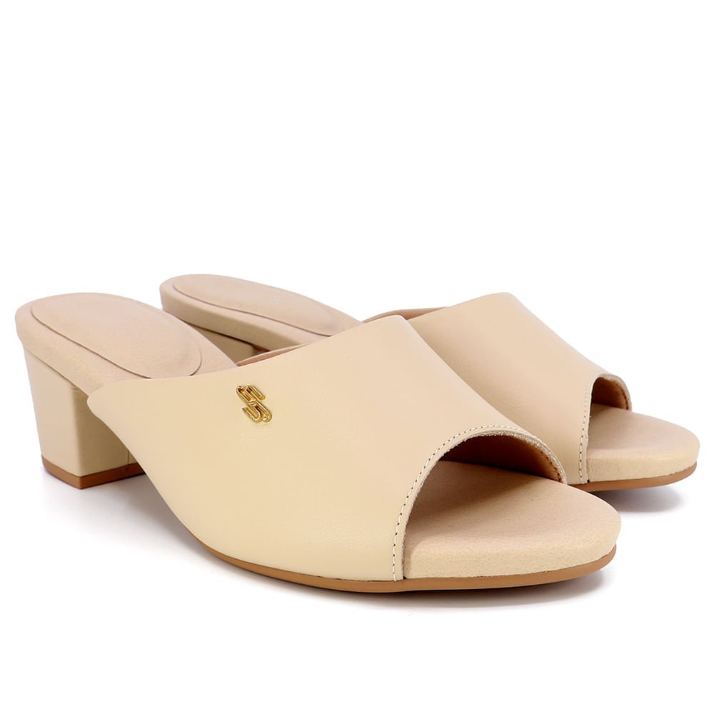 Tamanco Salto Bloco Couro Bege Básico Bege 2