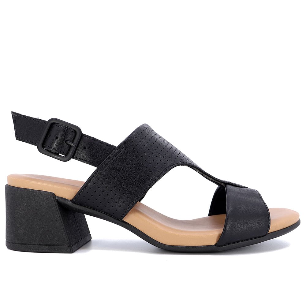 Tamanco Salto Bloco Couro Preto Laser