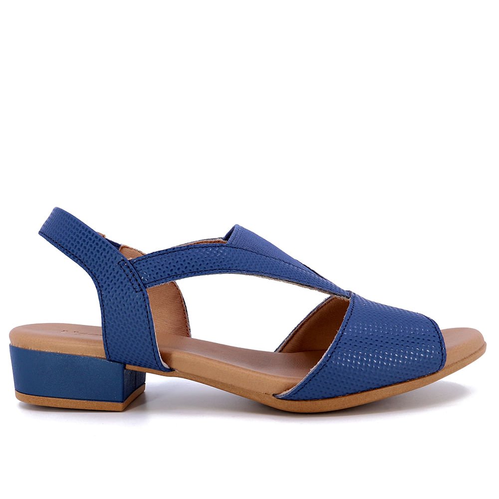 Sandália Salto Baixo Couro Azul Elástico Azul