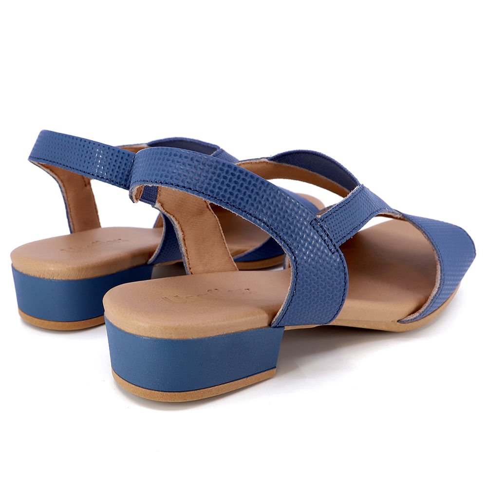 Sandália Salto Baixo Couro Azul Elástico Azul