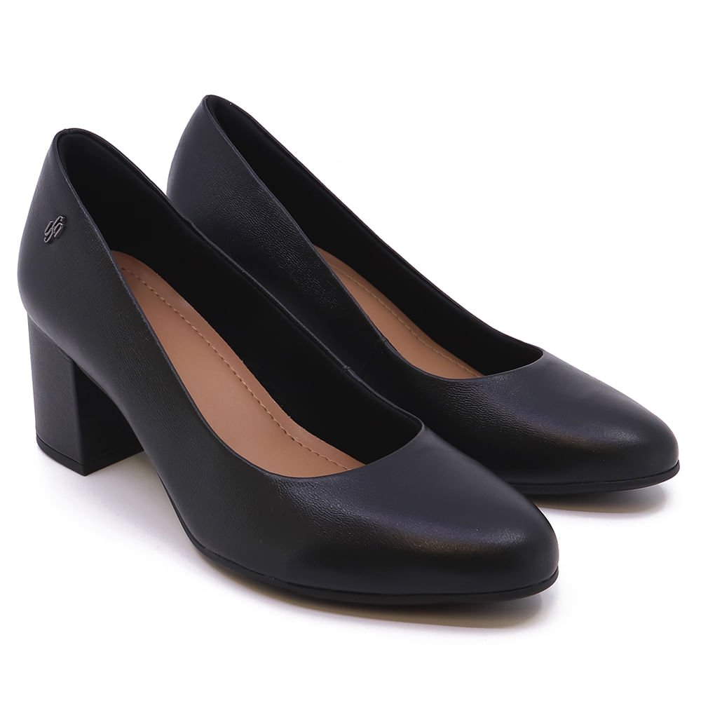 Scarpin Preto Salto Bloco Couro Básico Preto 2