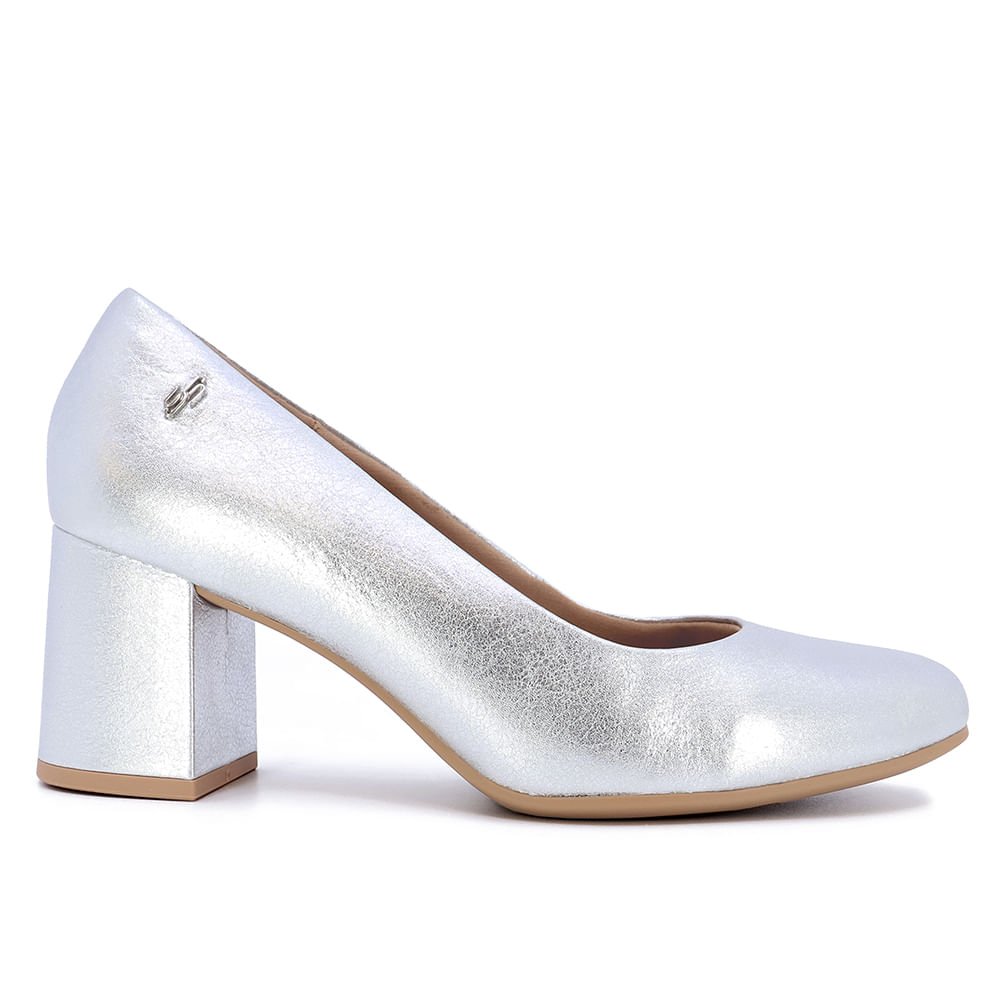 Scarpin Metalizado Prata Salto Bloco Couro Básico