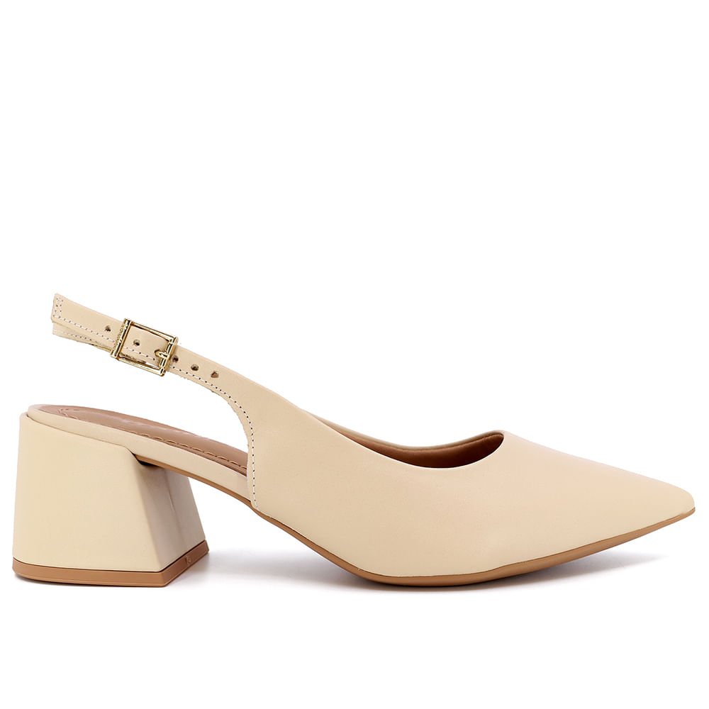 Slingback Bege Bico Fino Couro Detalhe Fivela