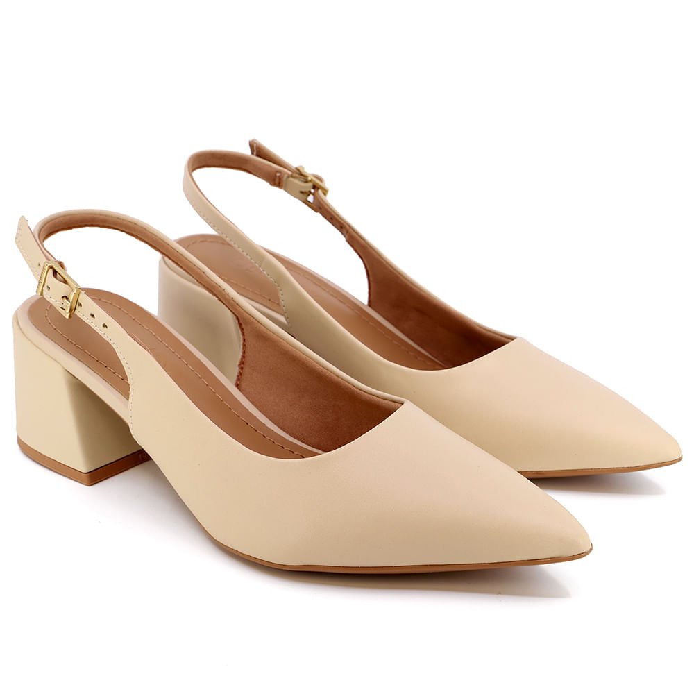 Slingback Bege Bico Fino Couro Detalhe Fivela Bege 2