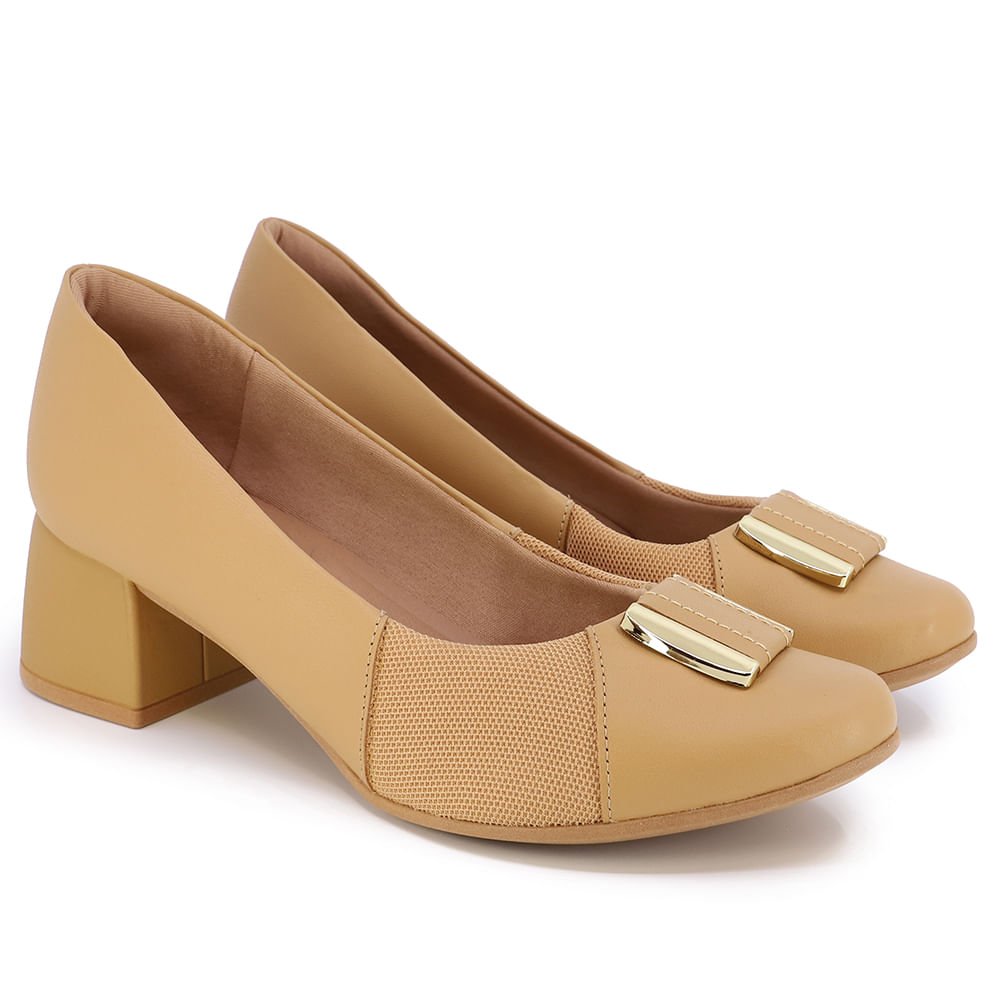 Scarpin Marrom Salto Bloco Couro Detalhe Tecido Marrom 2