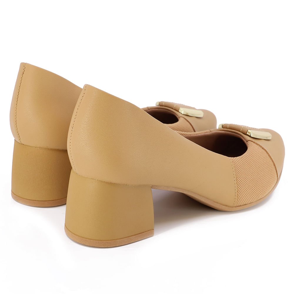 Scarpin Marrom Salto Bloco Couro Detalhe Tecido Marrom 3