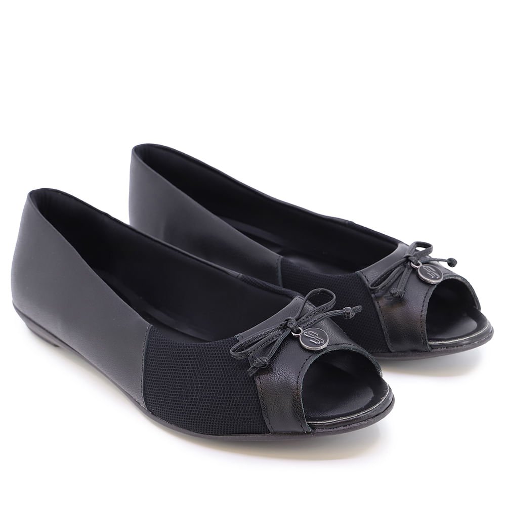 Peep Toe Salto Rasteiro Preto Couro Detalhe Laço Preto 2