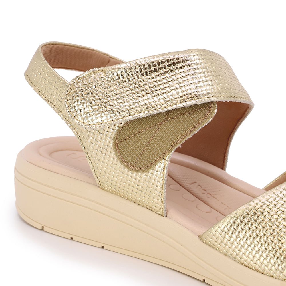 Sandália Salto Anabela Couro Metalizado Dourado Fecho-Flex Dourado 4